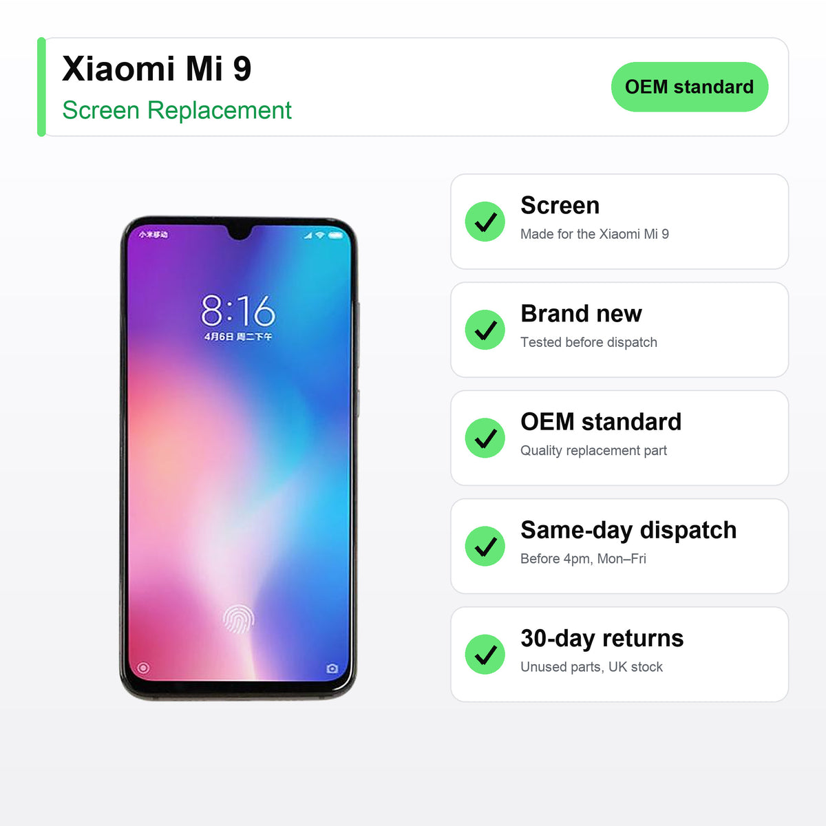 Xiaomi Mi 9 screen key facts: brand new, tested, same-day UK dispatch