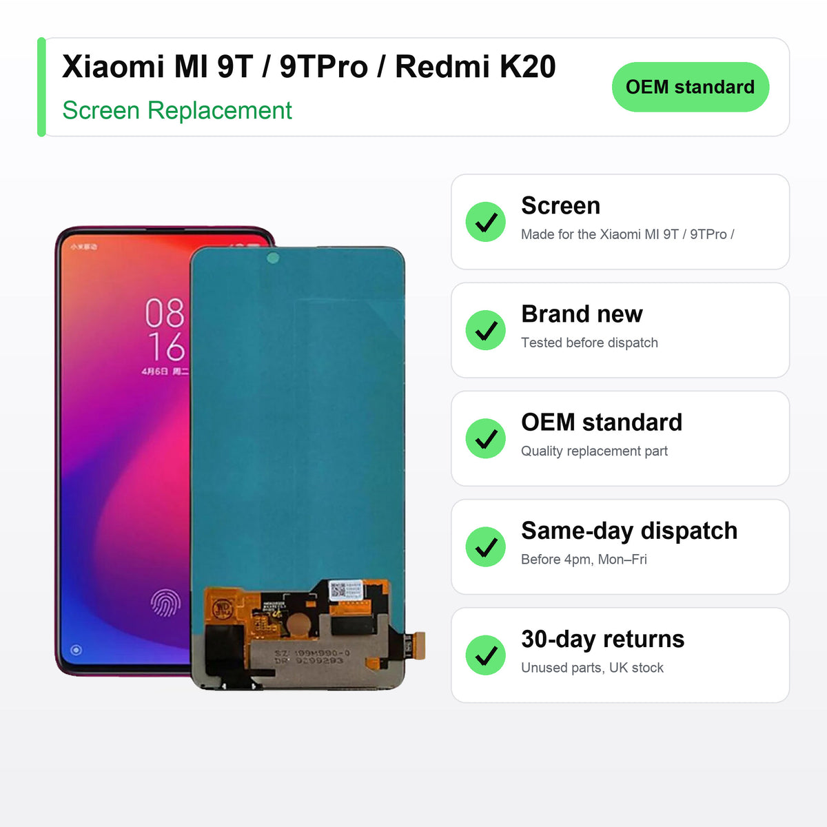 Xiaomi MI 9T / 9TPro / Redmi K20 screen key facts: brand new, tested, same-day UK dispatch