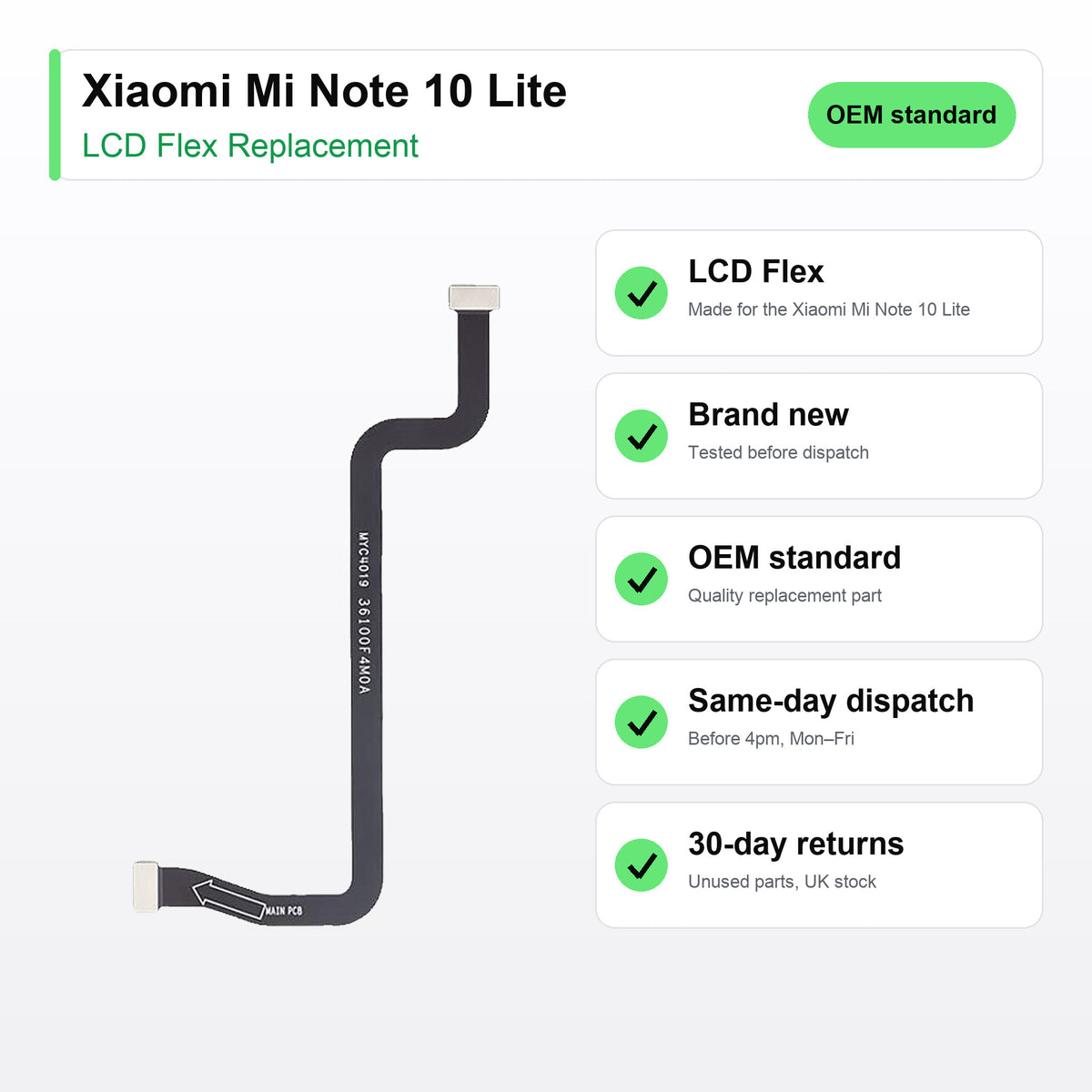 Xiaomi Mi Note 10 Lite LCD flex cable key facts: brand new, tested, same-day UK dispatch