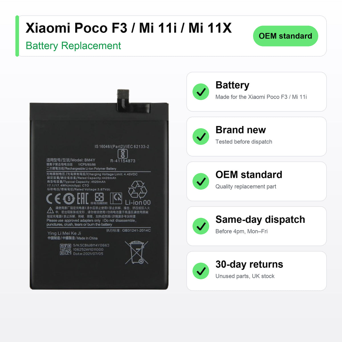 Xiaomi Poco F3 / Mi 11i / Mi 11X battery key facts: brand new, tested, same-day UK dispatch