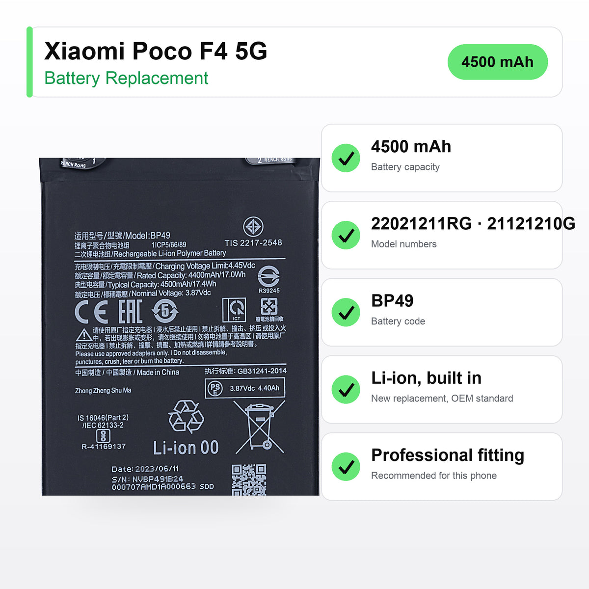 Xiaomi Poco F4 5G battery replacement specs: 4500 mAh, 22021211RG, BP49