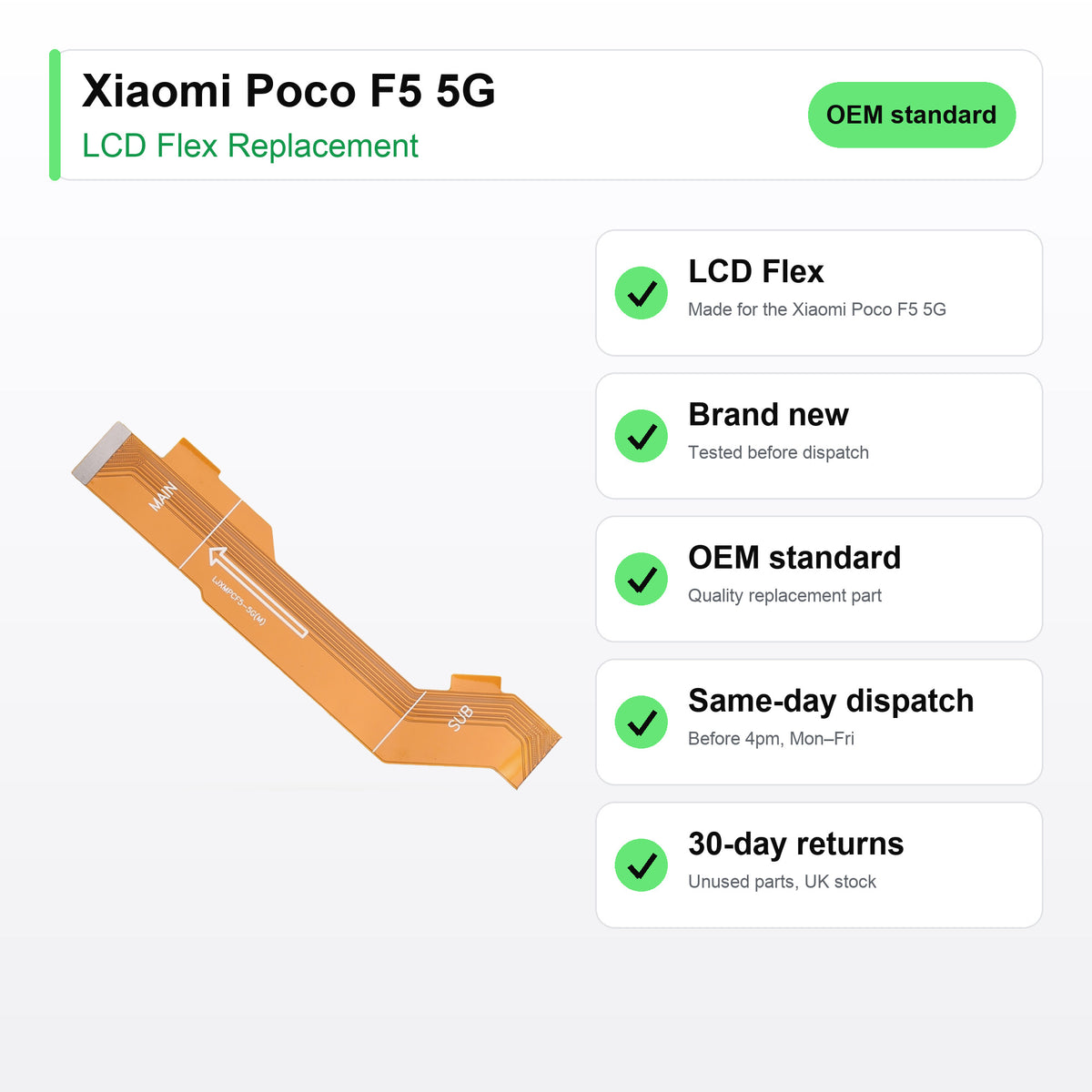 Xiaomi Poco F5 5G LCD flex cable key facts: brand new, tested, same-day UK dispatch