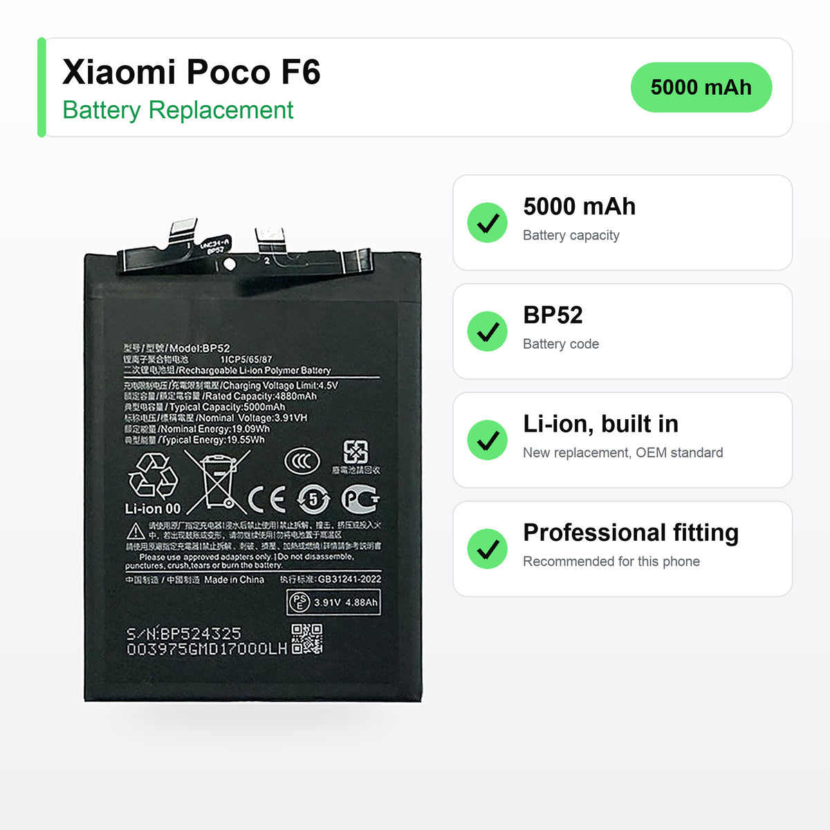 Xiaomi Poco F6 battery replacement specs: 5000 mAh, BP52, Li-ion, built in