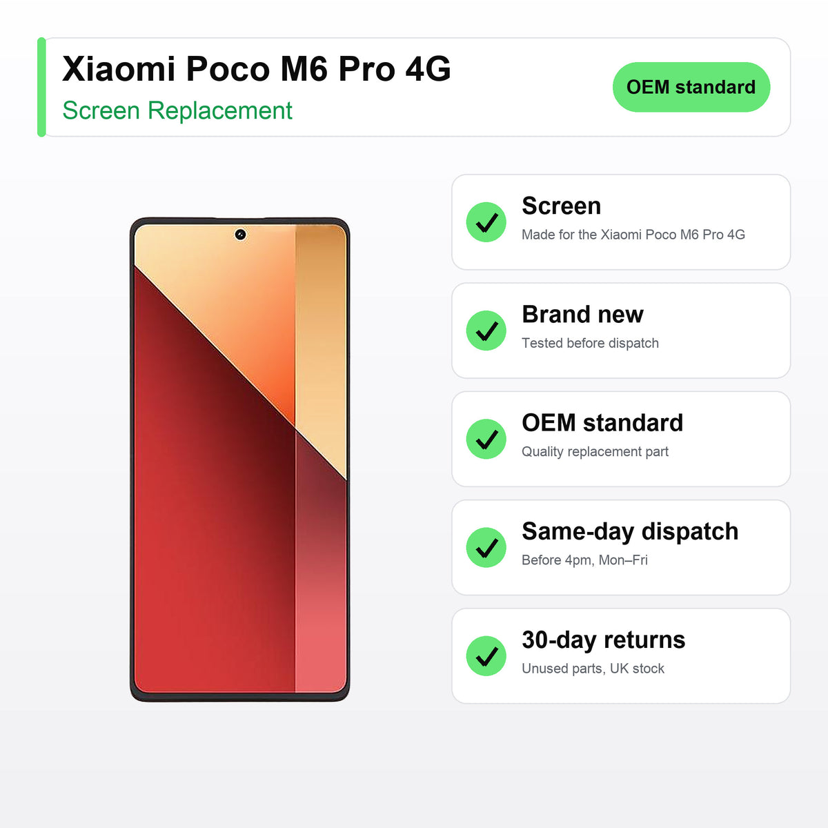 Xiaomi Poco M6 Pro 4G screen key facts: brand new, tested, same-day UK dispatch