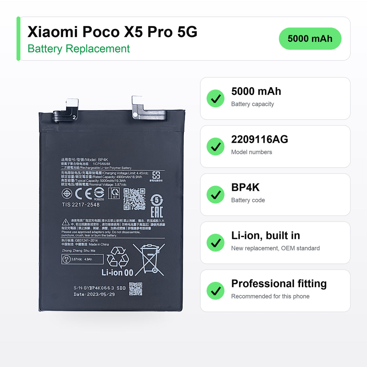 Xiaomi Poco X5 Pro 5G battery replacement specs: 5000 mAh, 2209116AG, BP4K