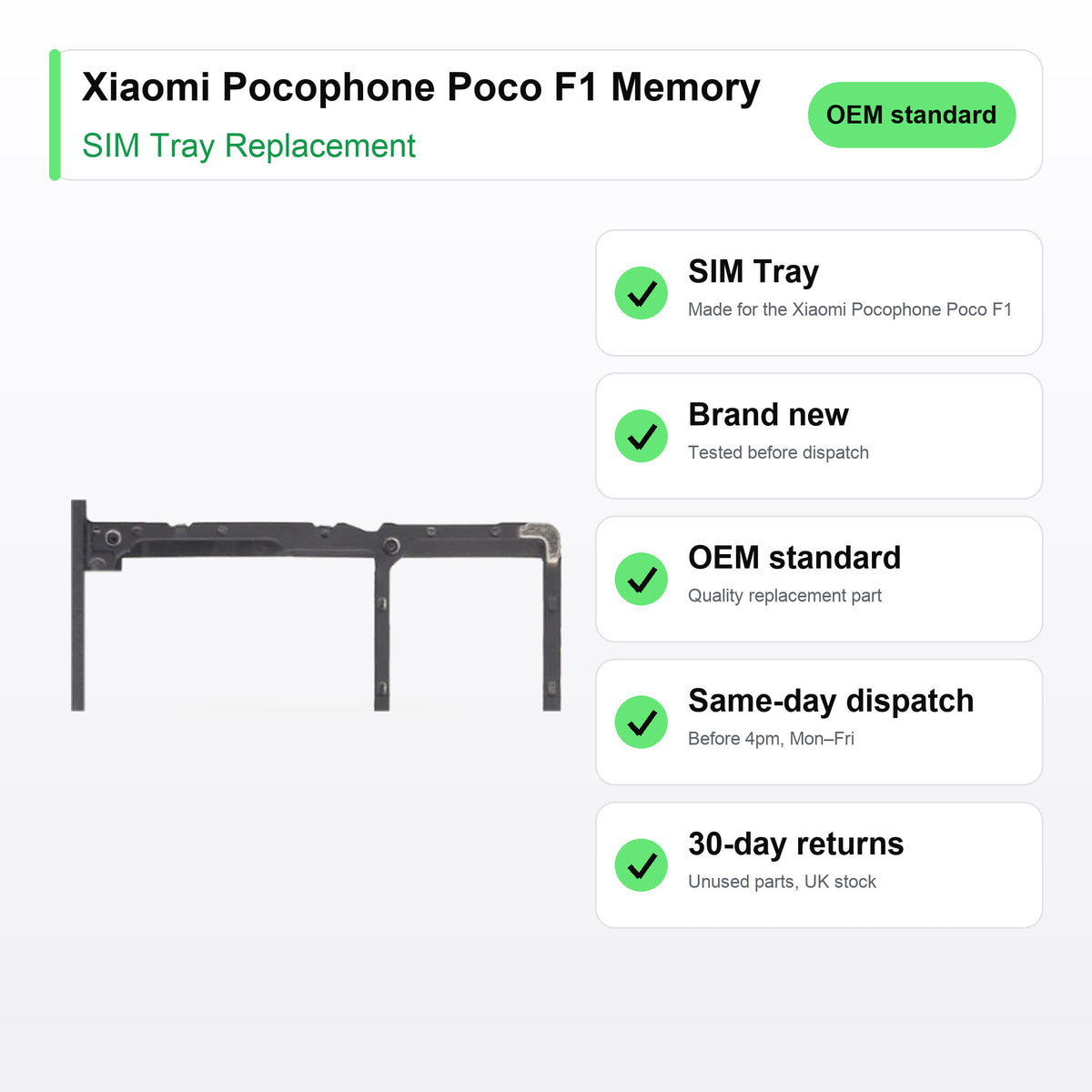 Xiaomi Pocophone Poco F1 Memory SIM tray key facts: brand new, tested, same-day UK dispatch