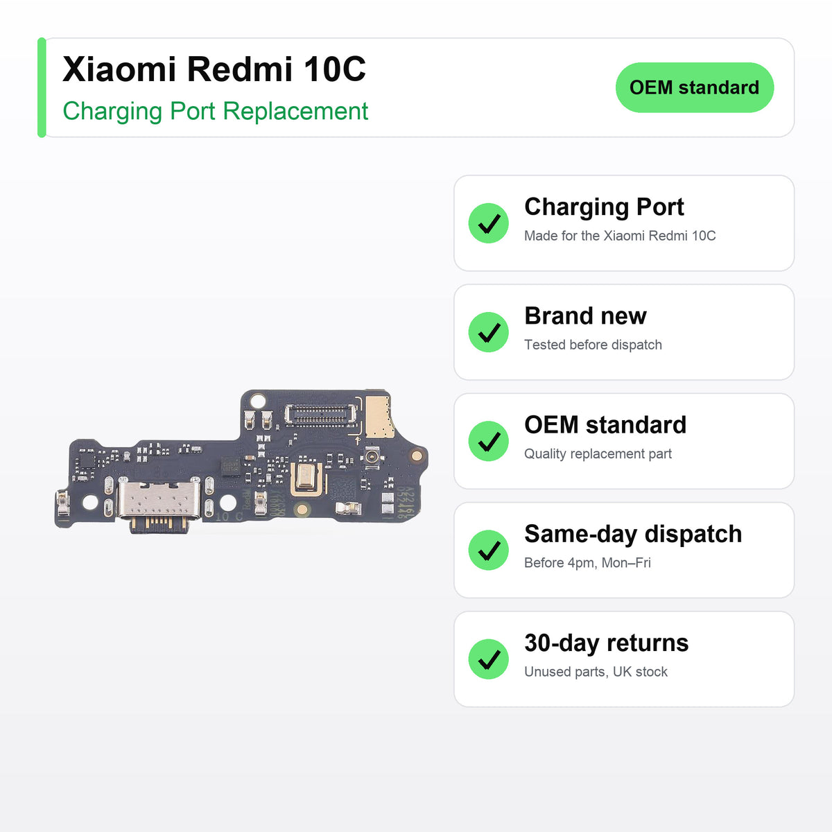 Xiaomi Redmi 10C charging port key facts: brand new, tested, same-day UK dispatch