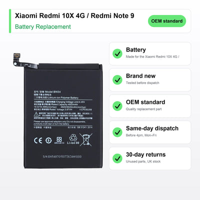 Xiaomi Redmi 10X 4G / Redmi Note 9 battery key facts: brand new, tested, same-day UK dispatch