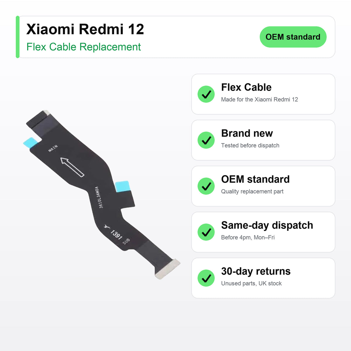 Xiaomi Redmi 12 flex cable key facts: brand new, tested, same-day UK dispatch