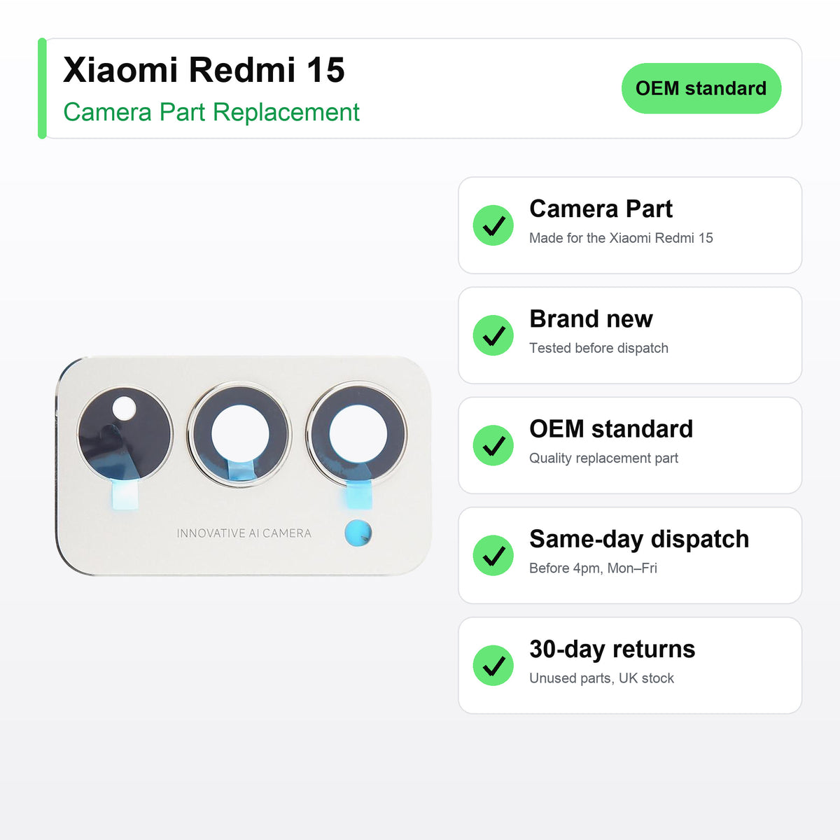 Xiaomi Redmi 15 camera lens key facts: brand new, tested, same-day UK dispatch