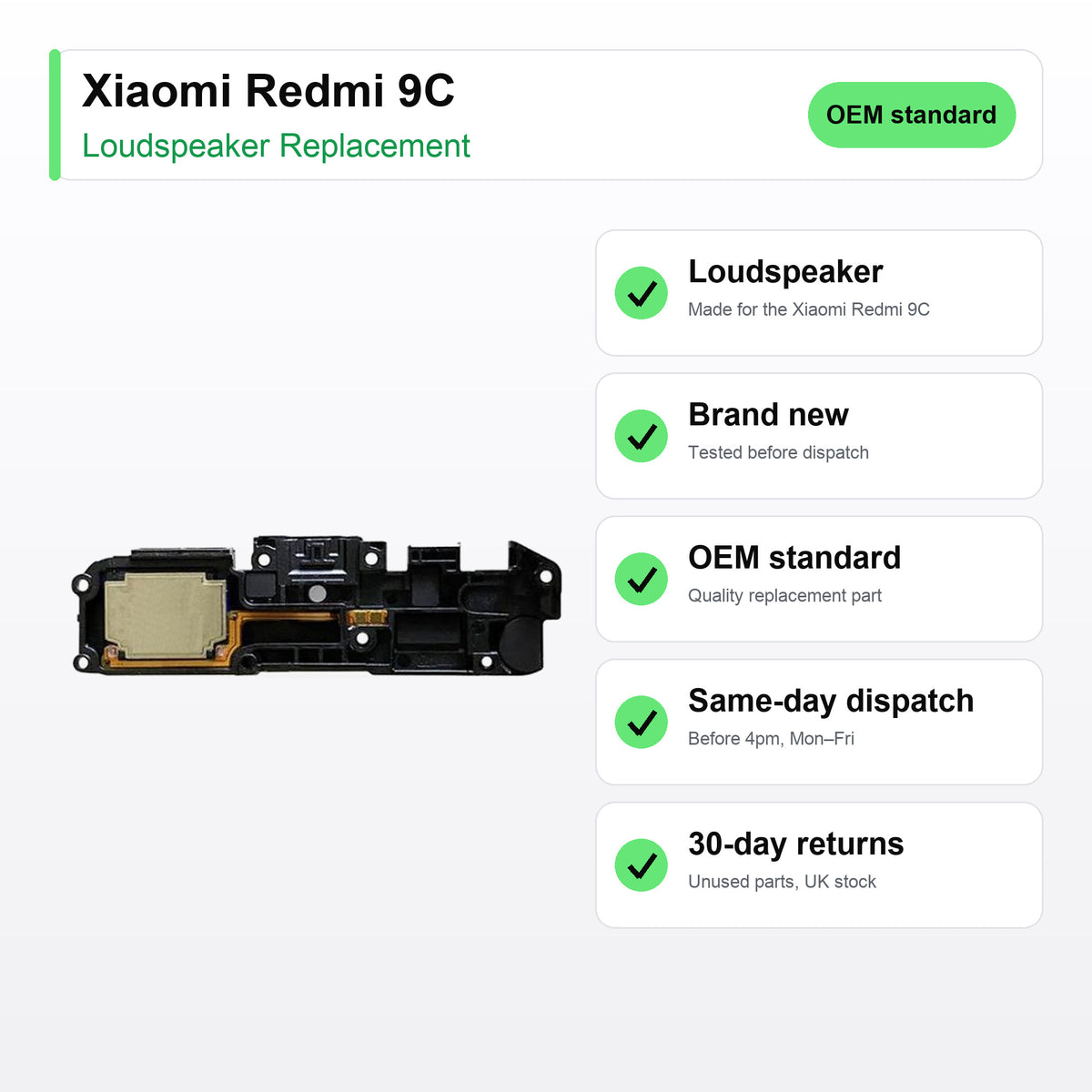 Xiaomi Redmi 9C loudspeaker key facts: brand new, tested, same-day UK dispatch