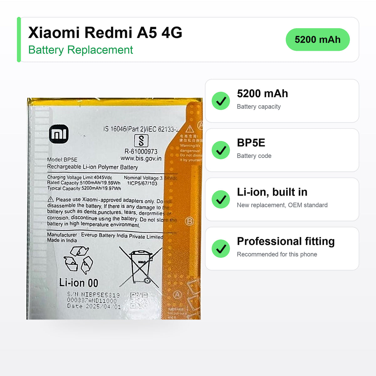 Xiaomi Redmi A5 4G battery replacement specs: 5200 mAh, BP5E