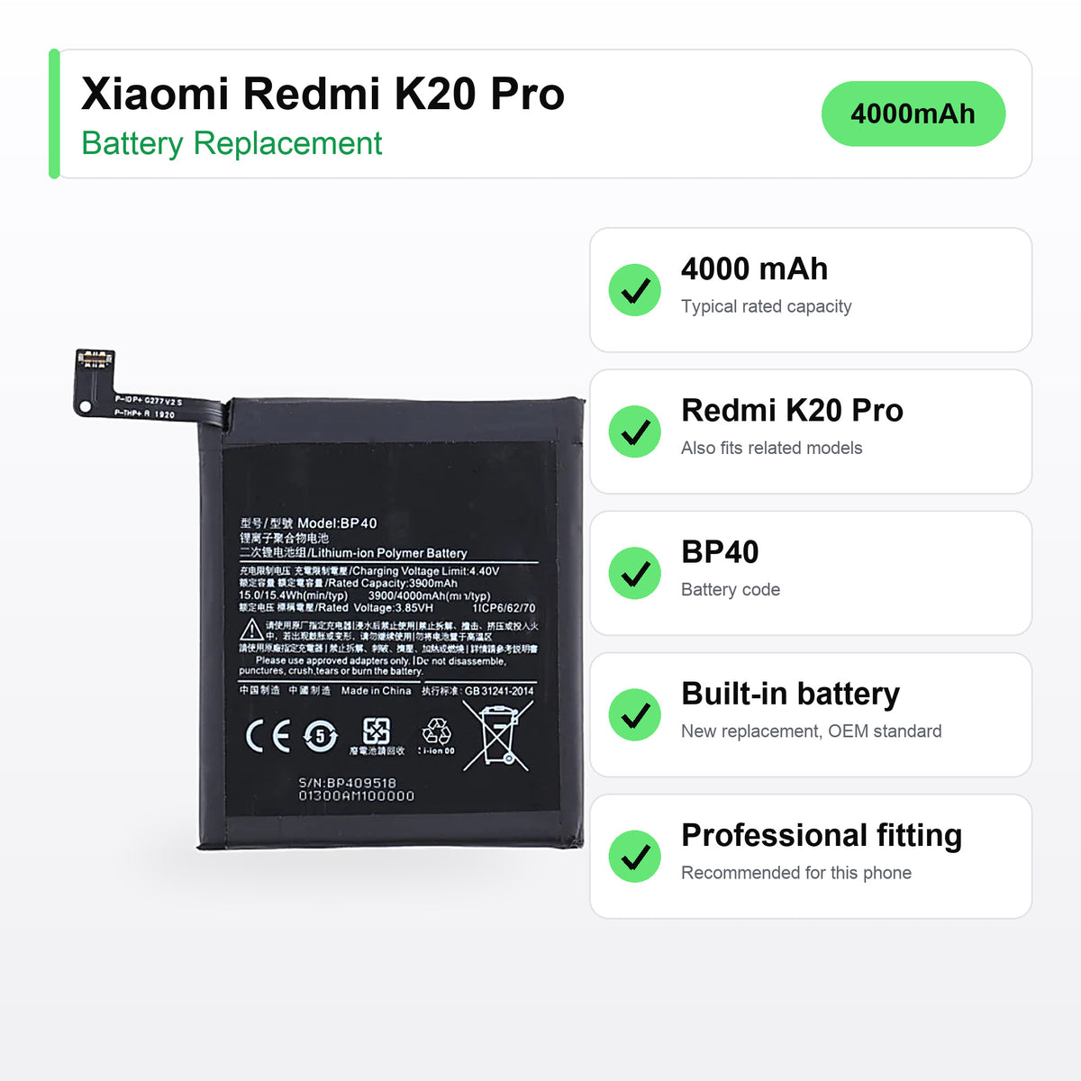 Xiaomi Redmi K20 Pro battery replacement specs: 4000 mAh, battery code BP40