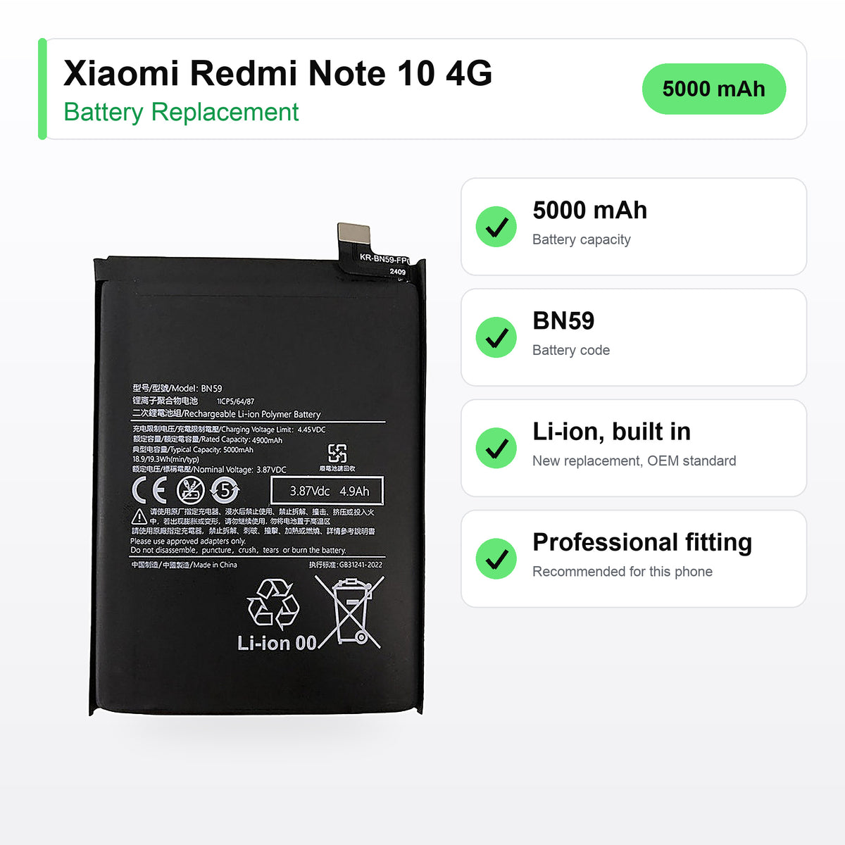 Xiaomi Redmi Note 10 4G battery replacement specs: 5000 mAh, BN59