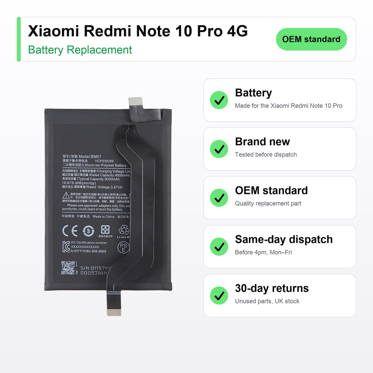 Xiaomi Redmi Note 10 Pro 4G battery key facts: brand new, tested, same-day UK dispatch
