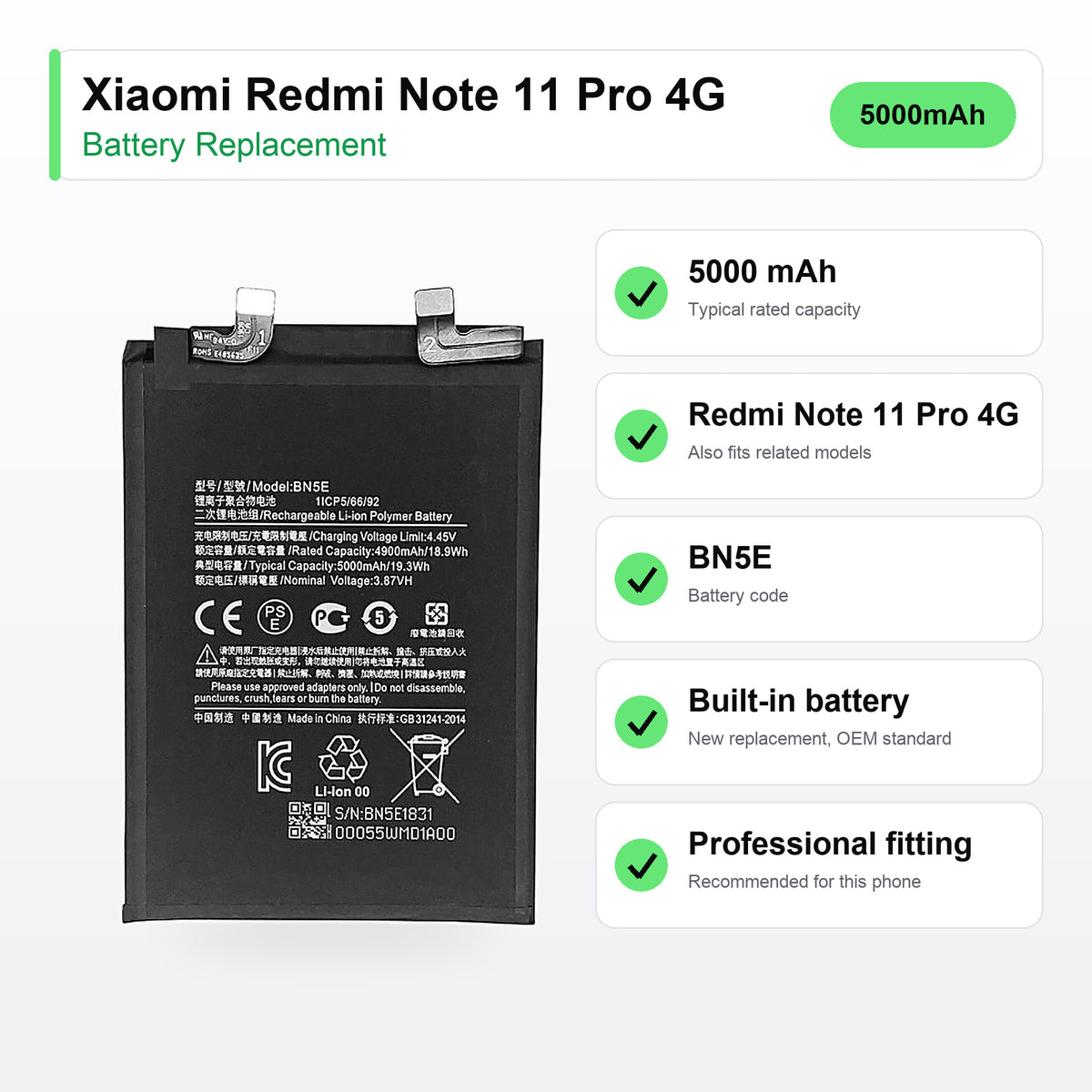 Xiaomi Redmi Note 11 Pro 4G battery replacement specs: 5000 mAh, battery code BN5E