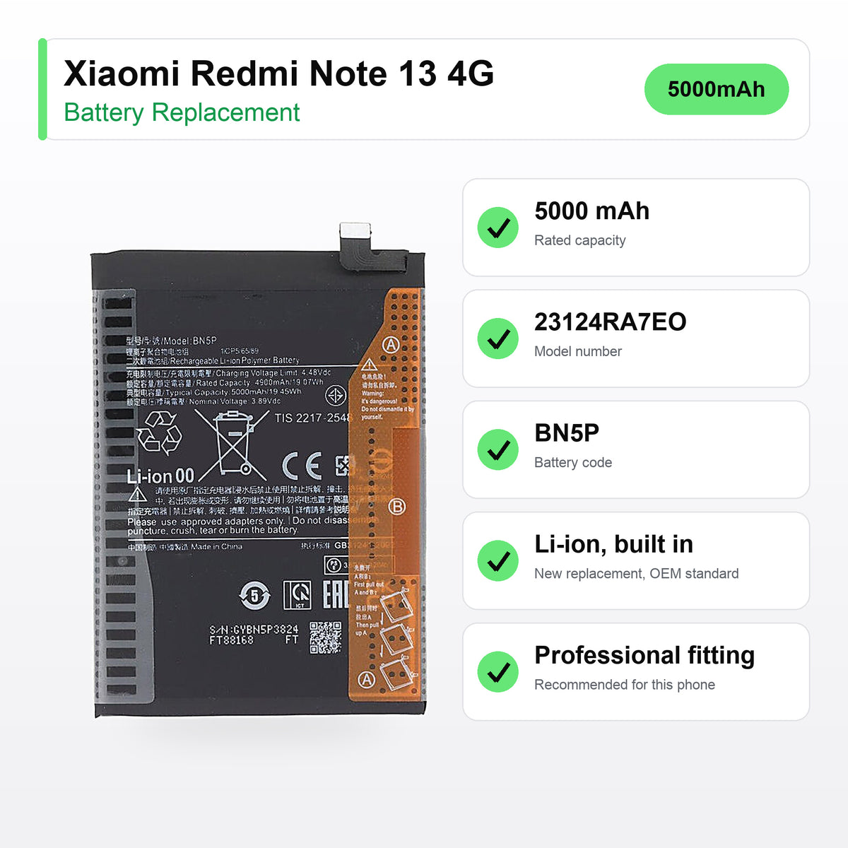 Xiaomi Redmi Note 13 4G / Xiaomi Redmi Note 13 5G battery replacement specs: 5000 mAh, 23124RA7EO, BN5P