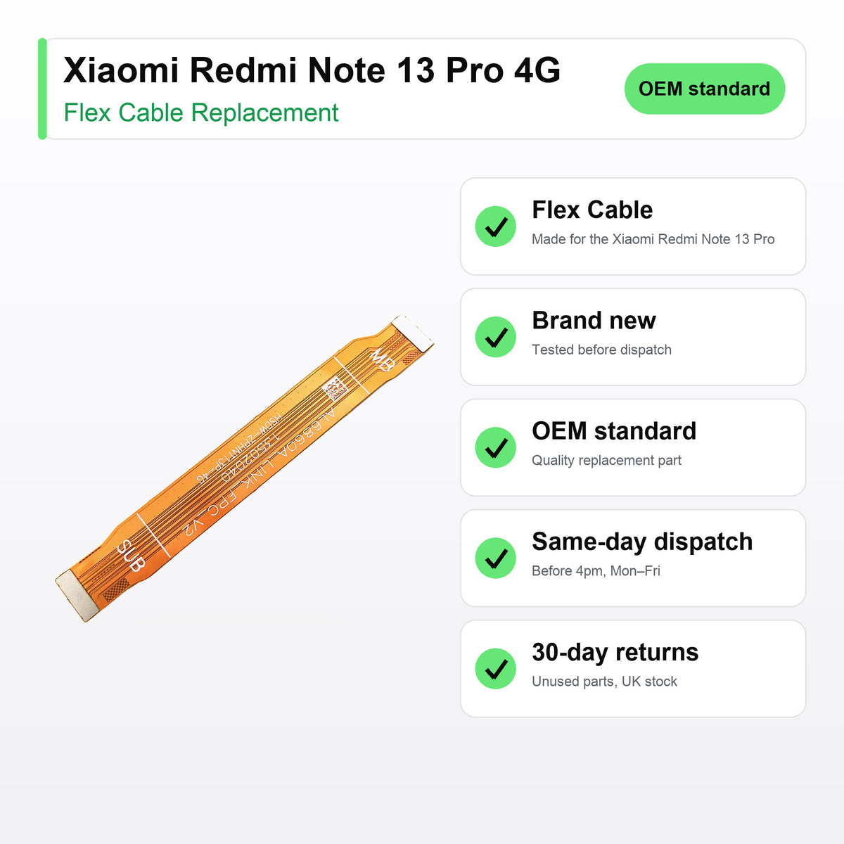 Xiaomi Redmi Note 13 Pro 4G flex cable key facts: brand new, tested, same-day UK dispatch