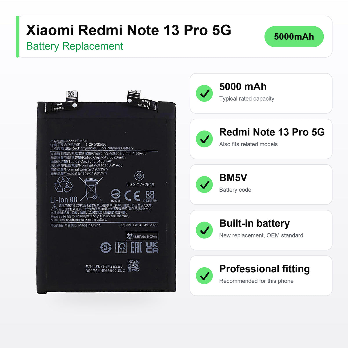 Xiaomi Redmi Note 13 Pro 5G battery replacement specs: 5000 mAh, battery code BM5V