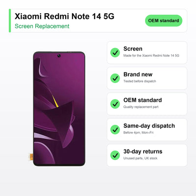 Xiaomi Redmi Note 14 5G screen key facts: brand new, tested, same-day UK dispatch