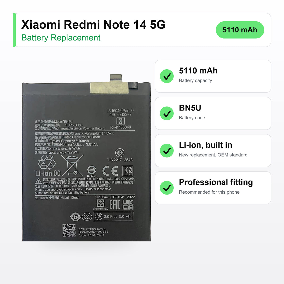 Xiaomi Redmi Note 14 5G battery replacement specs: 5110 mAh, BN5U