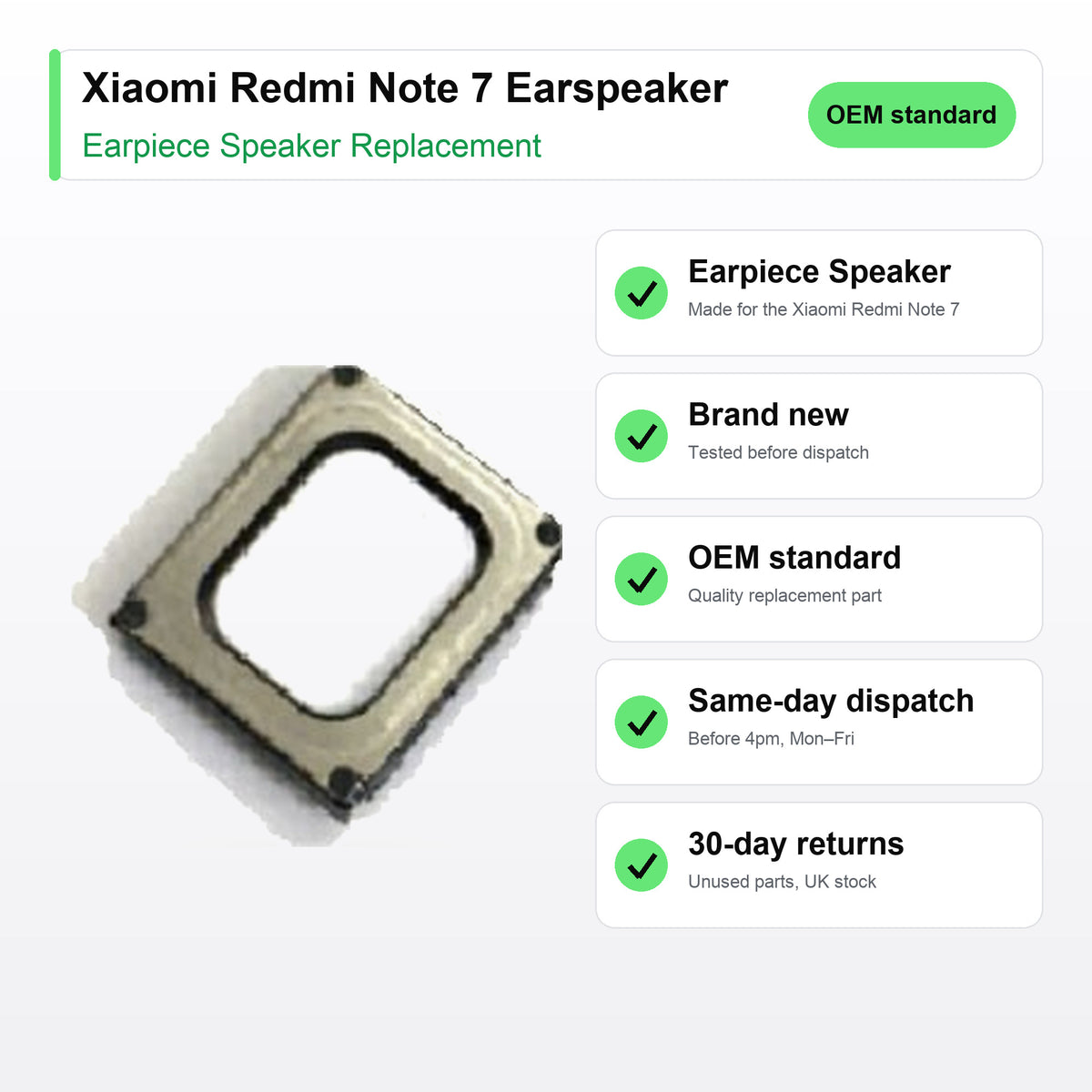 Xiaomi Redmi Note 7 Earspeaker earpiece speaker key facts: brand new, tested, same-day UK dispatch