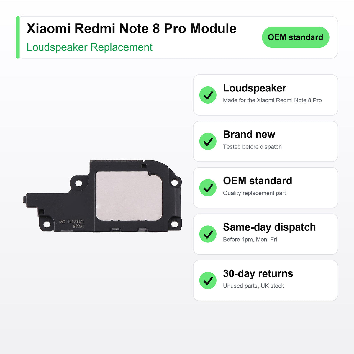 Xiaomi Redmi Note 8 Pro Module loudspeaker key facts: brand new, tested, same-day UK dispatch