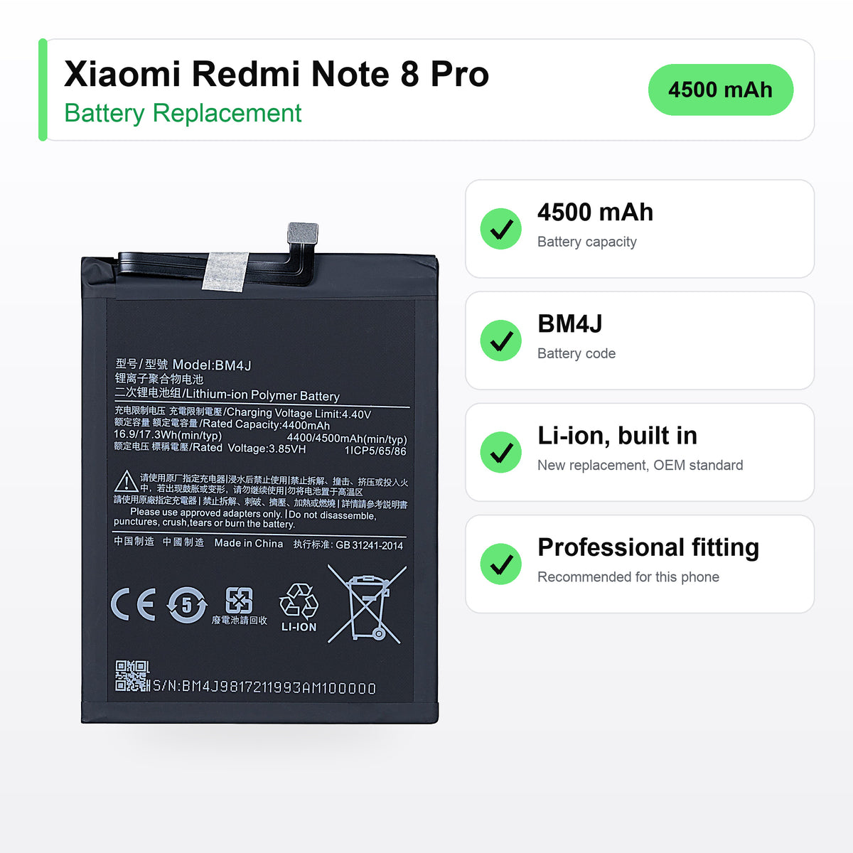 Xiaomi Redmi Note 8 Pro battery replacement specs: 4500 mAh, BM4J, Li-ion, built in