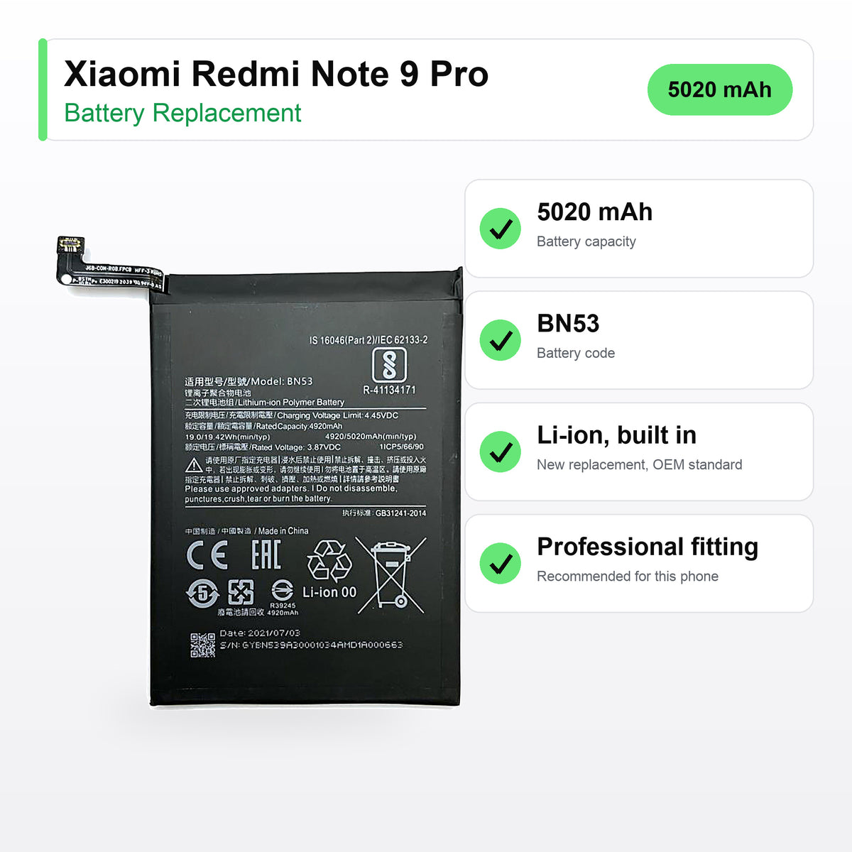 Xiaomi Redmi Note 9 Pro battery replacement specs: 5020 mAh, BN53
