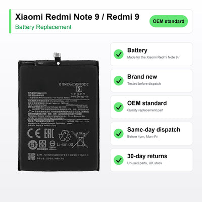 Xiaomi Redmi Note 9 / Redmi 9 battery key facts: brand new, tested, same-day UK dispatch