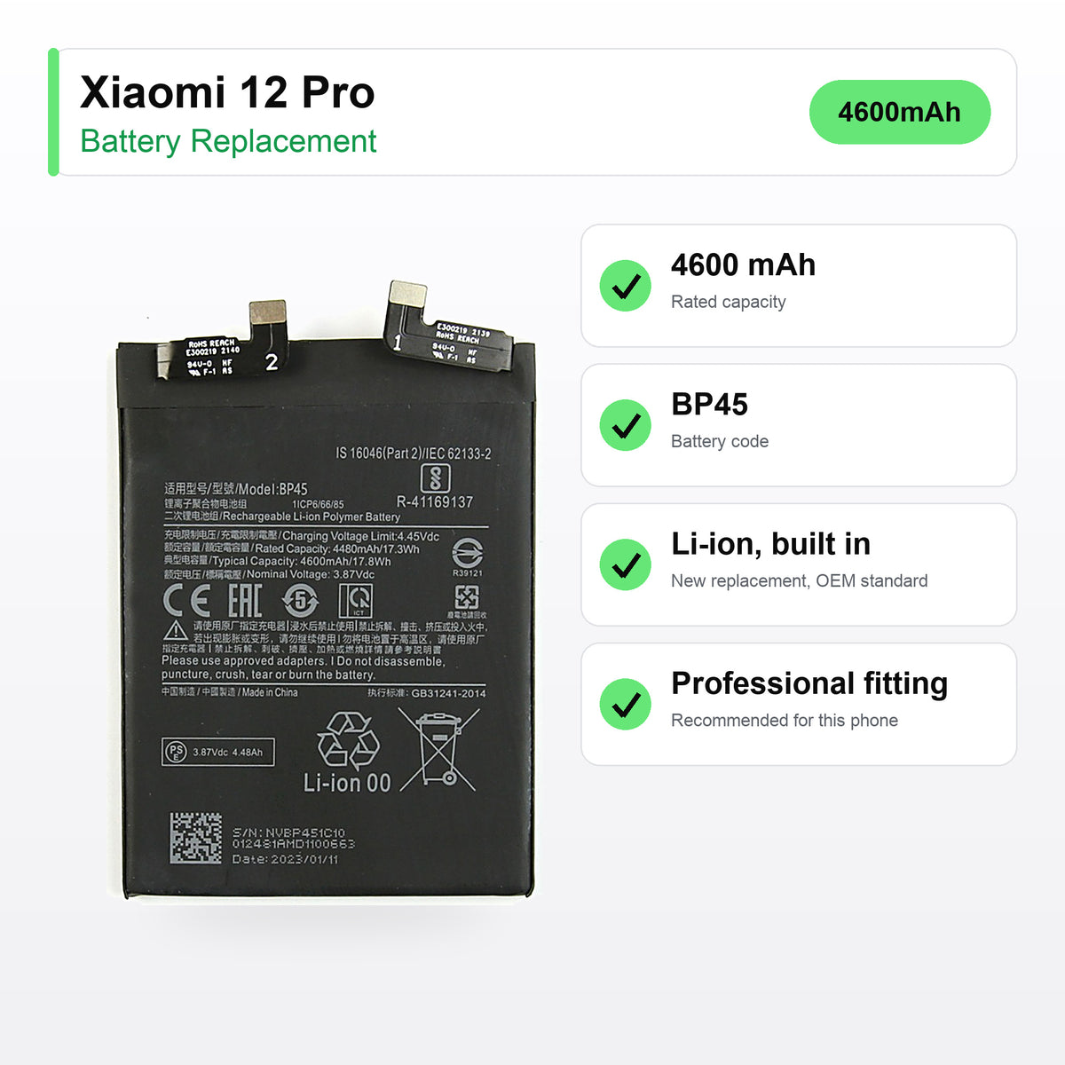 Xiaomi 12 Pro battery replacement specs: 4600 mAh, BP45