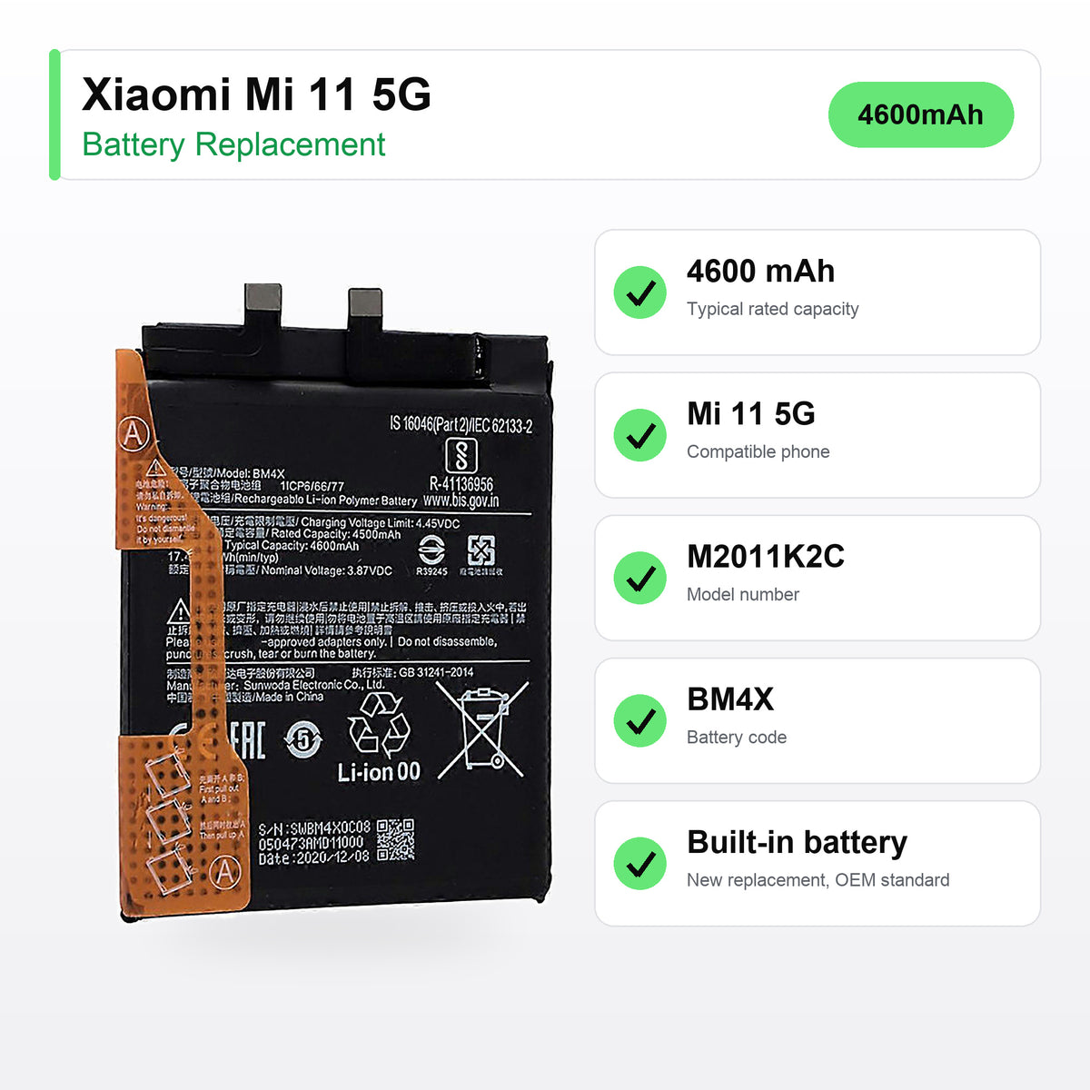 Xiaomi Mi 11 5G battery replacement specs: 4600 mAh, battery code BM4X