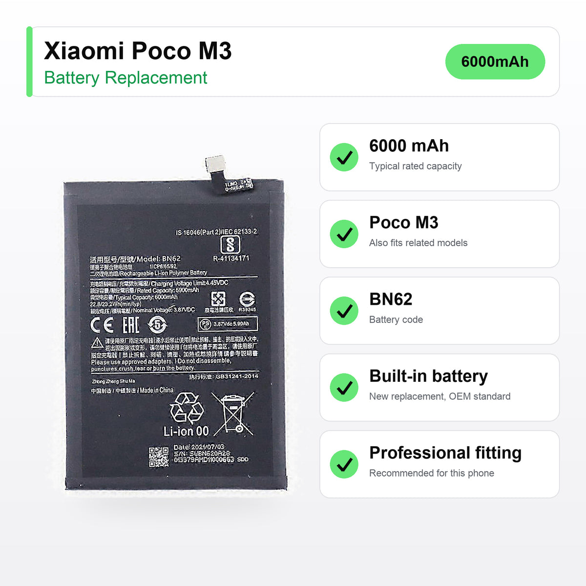 Xiaomi Poco M3 battery replacement specs: 6000 mAh, battery code BN62