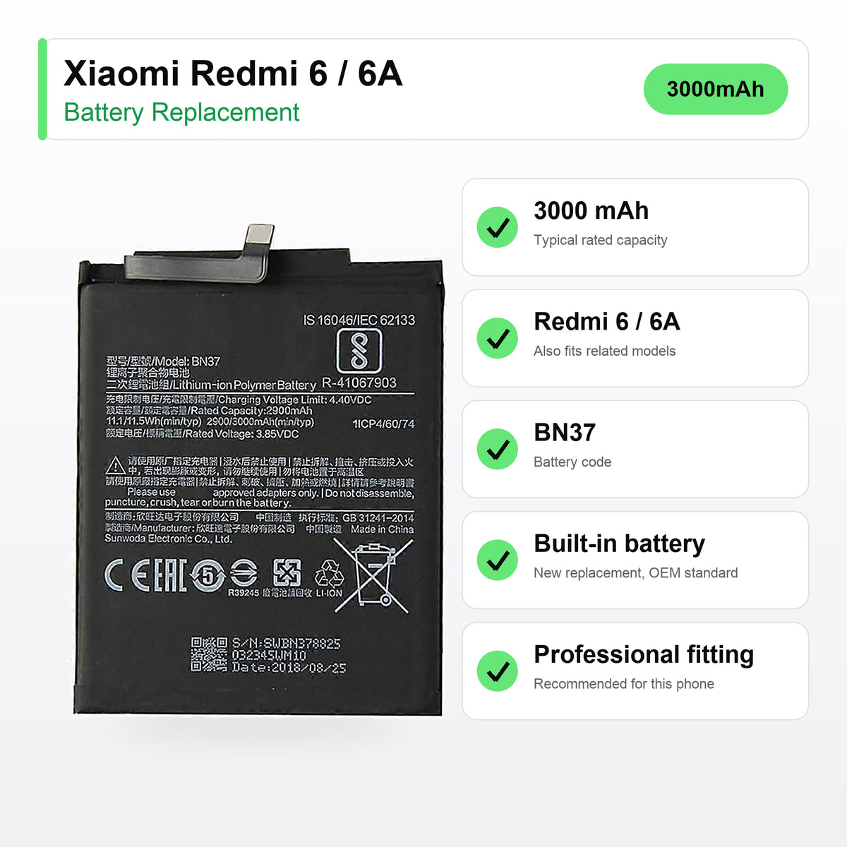 Xiaomi Redmi 6 / 6A battery replacement specs: 3000 mAh, battery code BN37