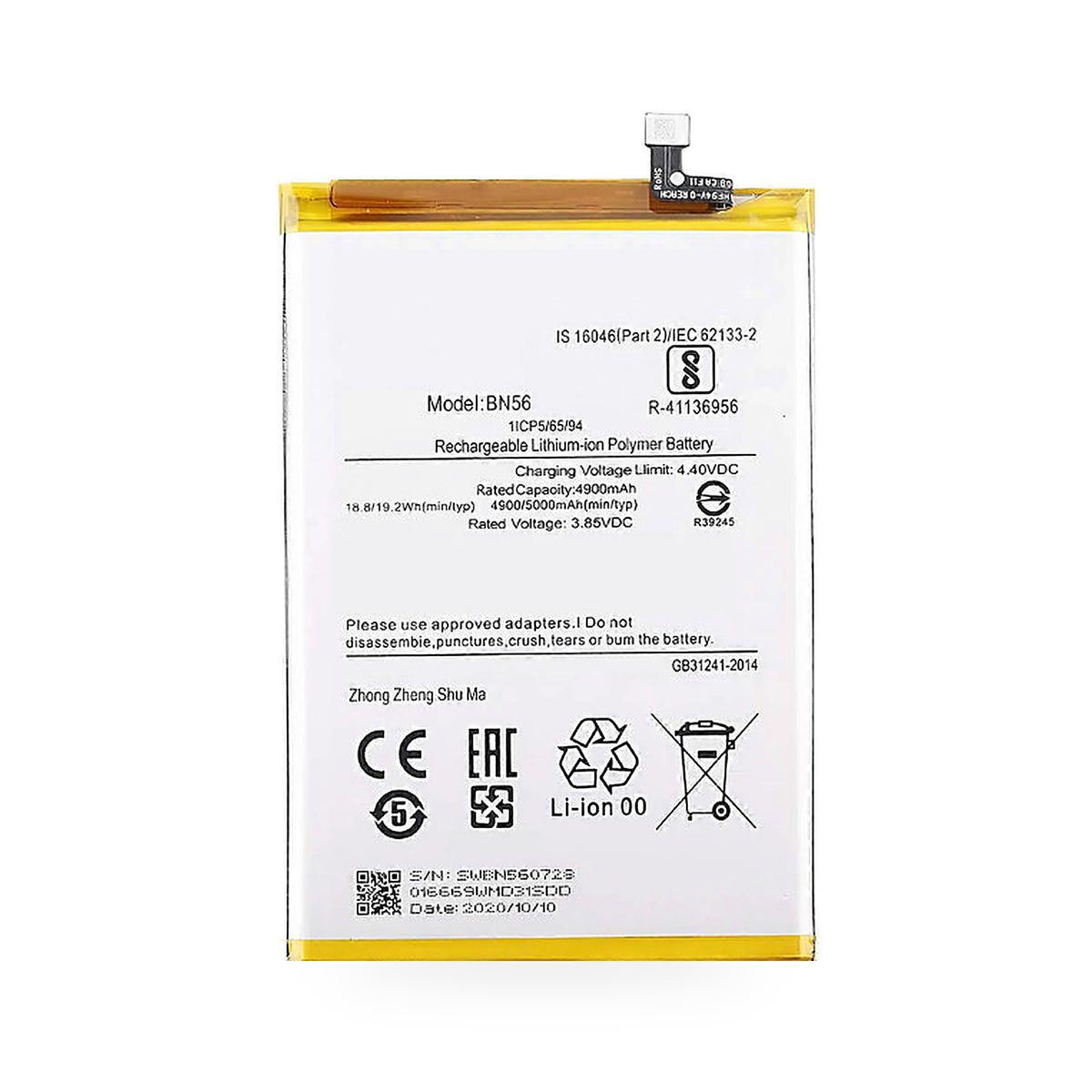 Xiaomi Redmi 9A replacement battery, front view on white background