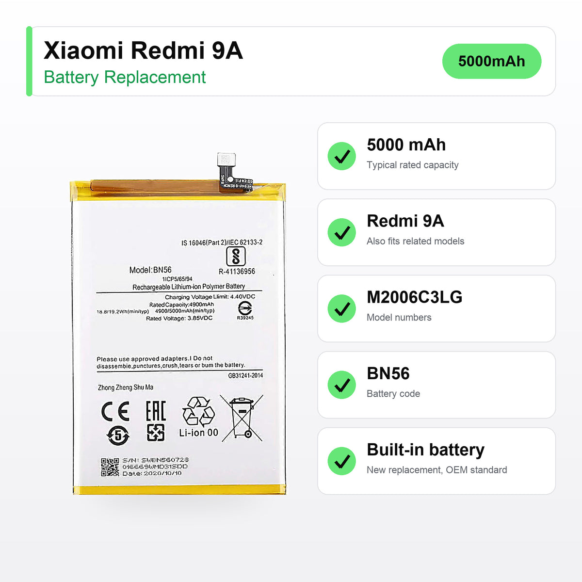 Xiaomi Redmi 9A battery replacement specs: 5000 mAh, battery code BN56