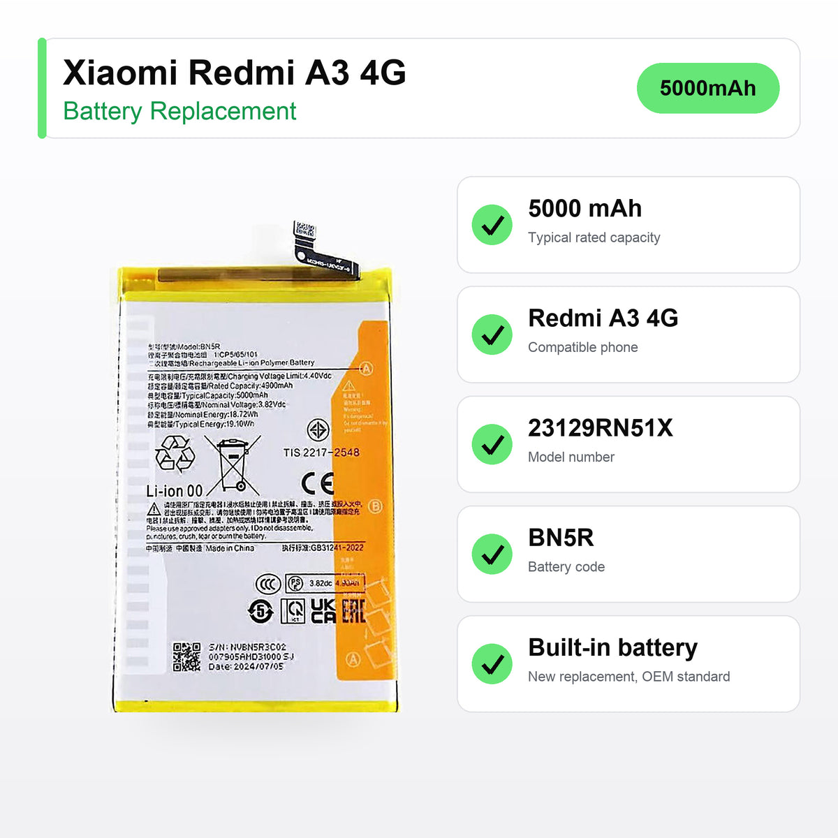 Xiaomi Redmi A3 4G battery replacement specs: 5000 mAh, battery code BN5R