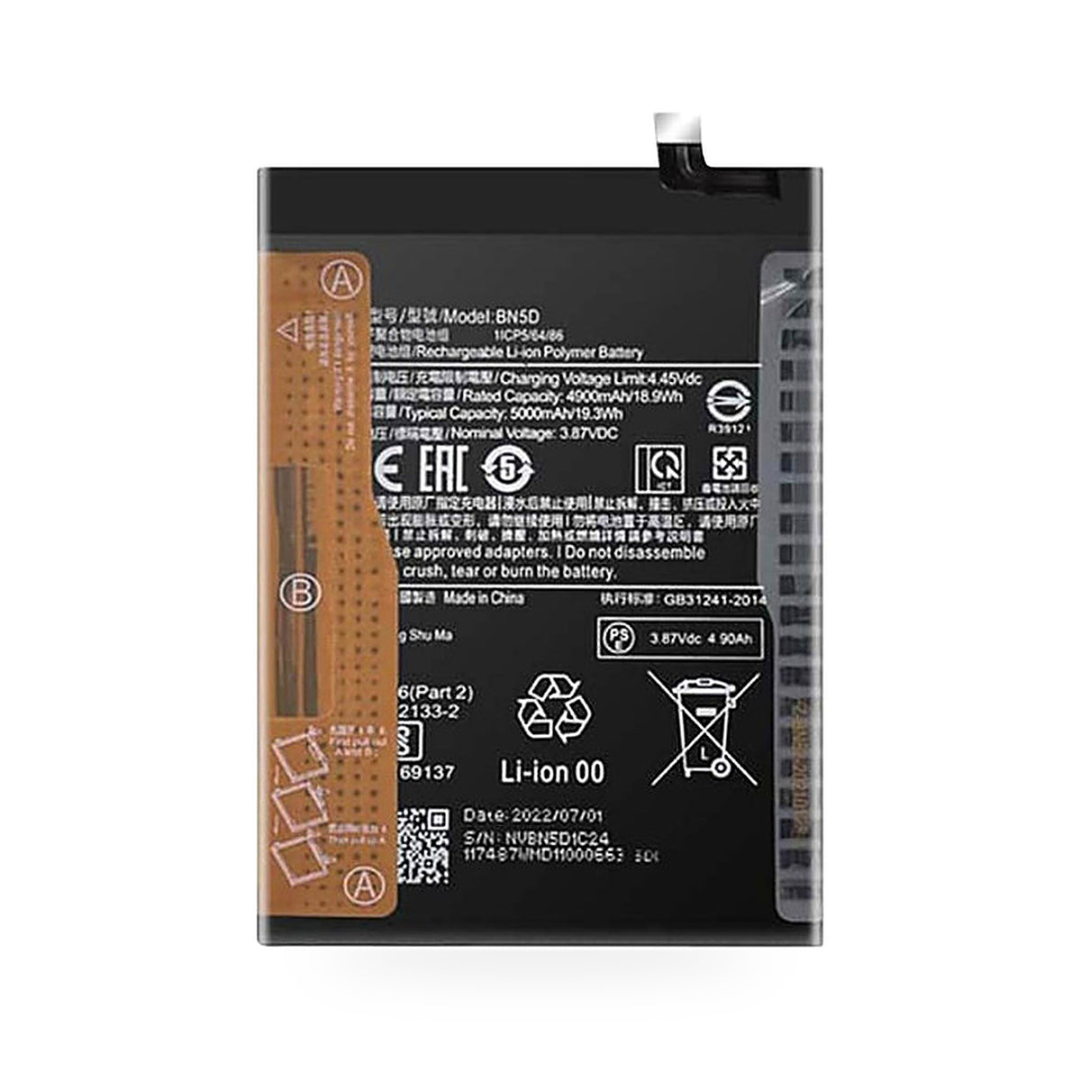 Xiaomi Redmi Note 11 / 11S replacement battery, front view on white background