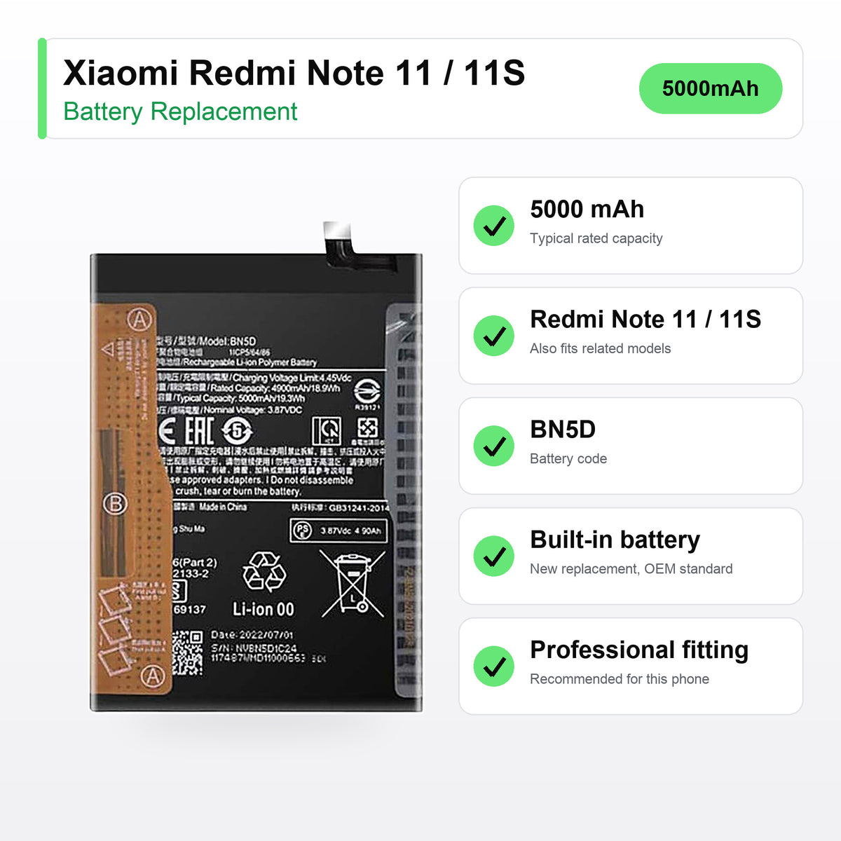 Xiaomi Redmi Note 11 / 11S battery replacement specs: 5000 mAh, battery code BN5D
