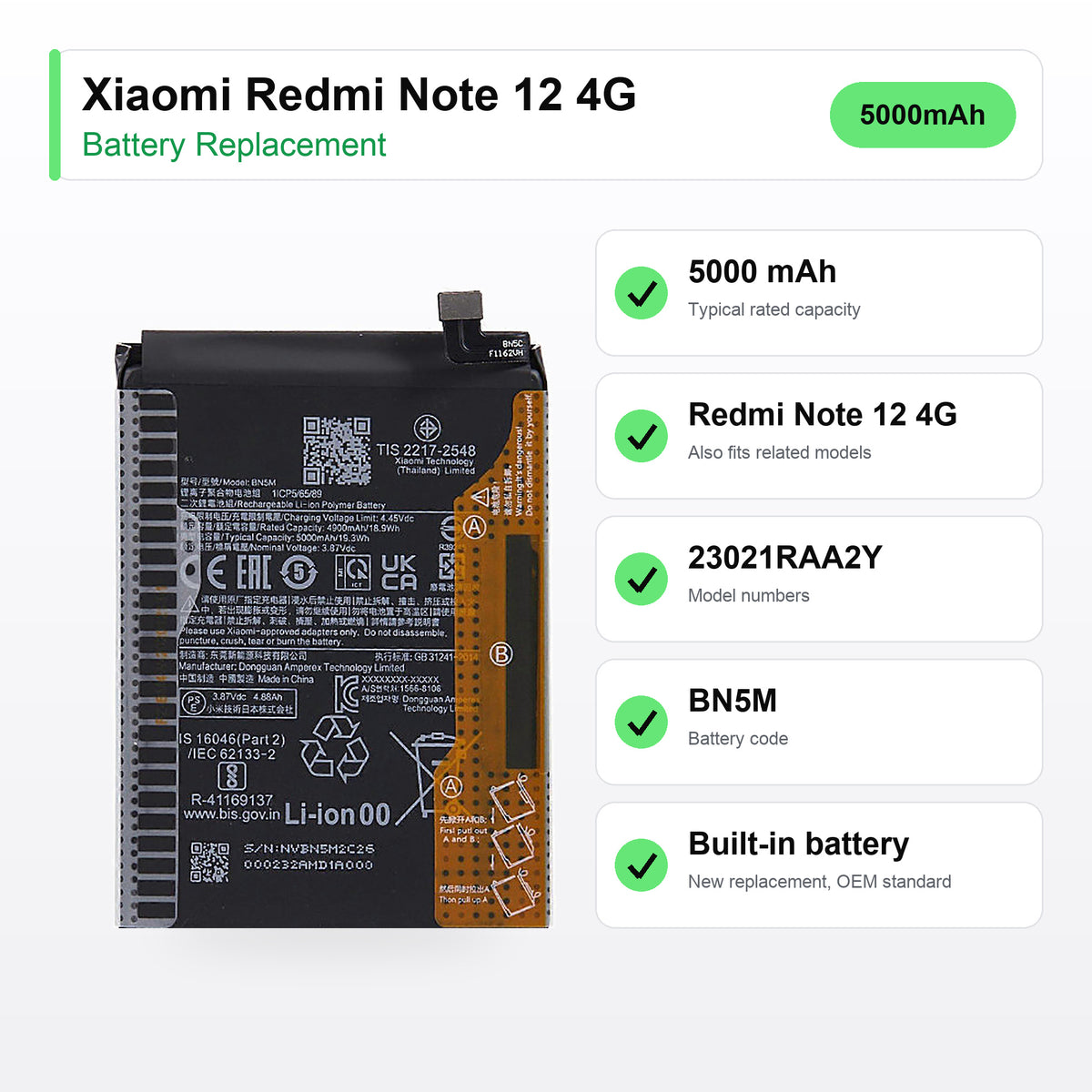 Xiaomi Redmi Note 12 4G battery replacement specs: 5000 mAh, battery code BN5M