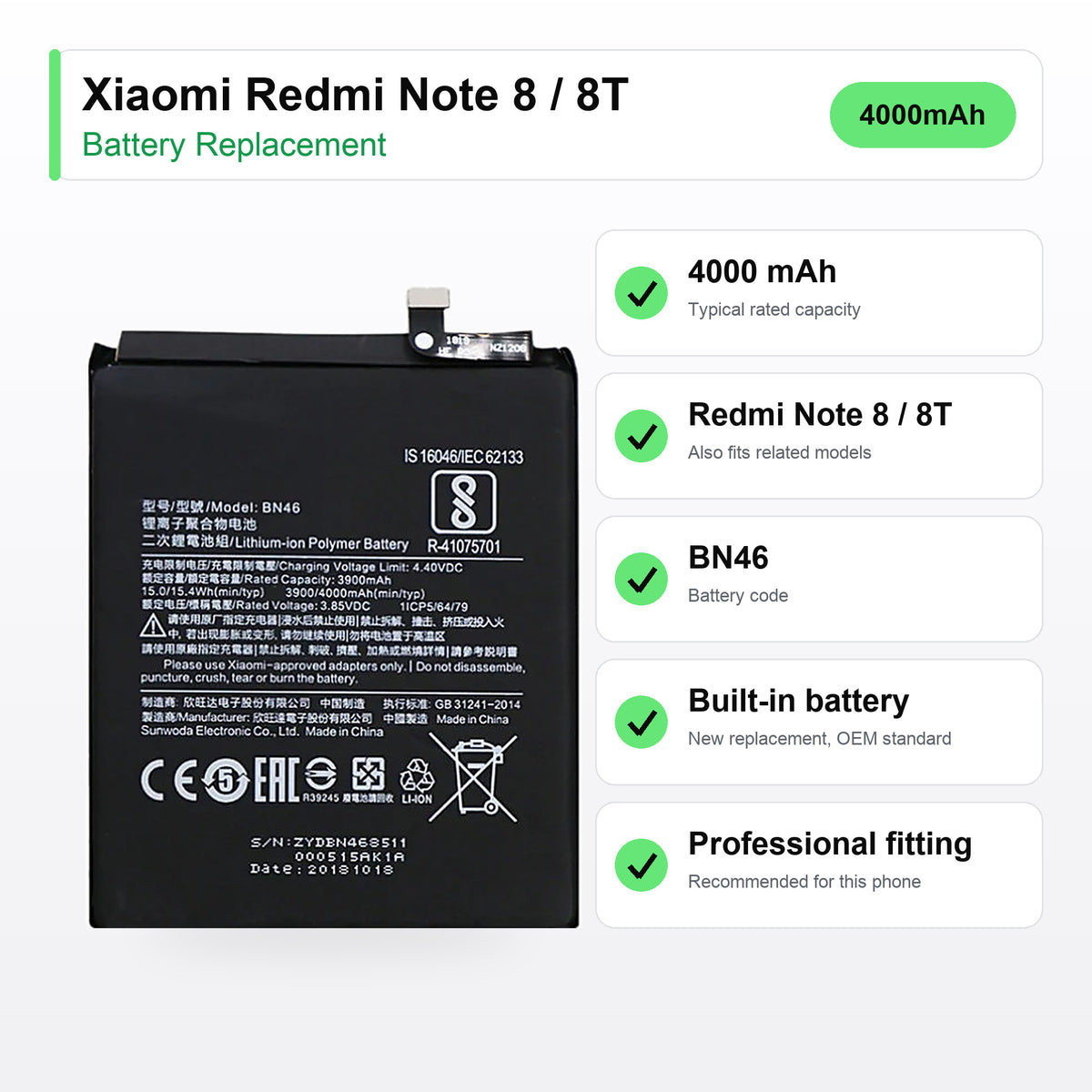 Xiaomi Redmi Note 8 / 8T battery replacement specs: 4000 mAh, battery code BN46