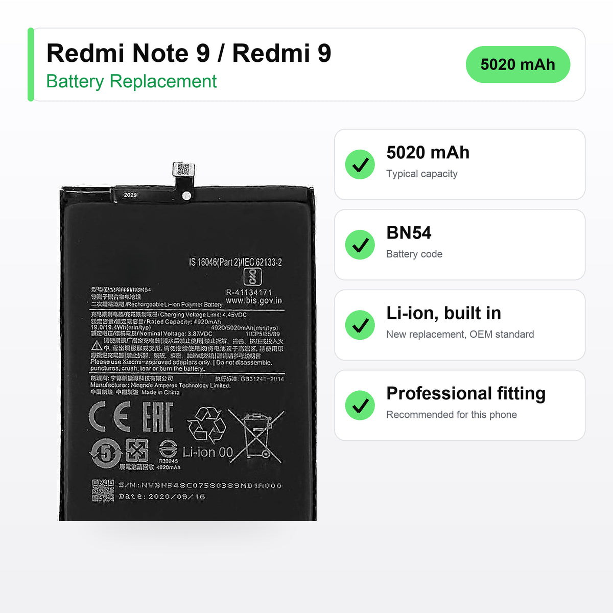 Redmi Note 9 / Redmi 9 battery replacement specs: 5020 mAh, BN54, OEM standard replacement